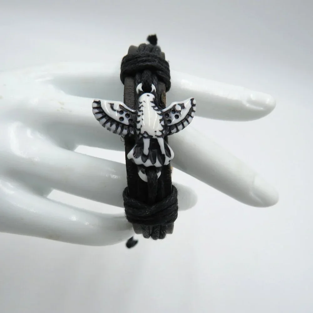 Adjustable Black Leather Cord‎ Bracelet Boho Bird Charm Fashion Wristband